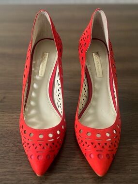 BCBGeneration Red Orange Heels with Pointed Toes and Cut Outs Size 7.5